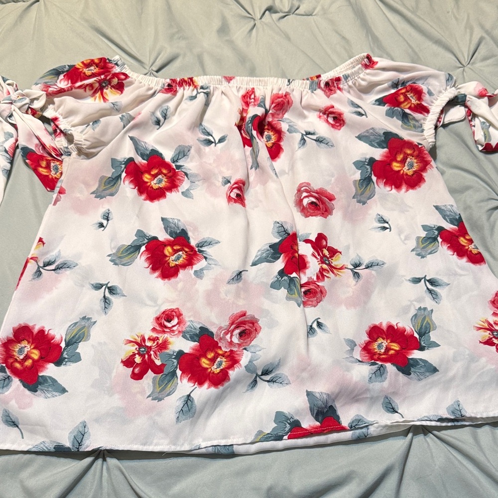 White and Red Floral Off-Shoulder Blouse
